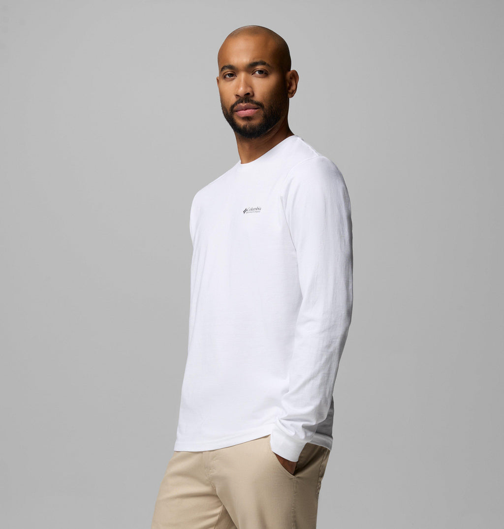 Men's white long sleeve t-shirt with small Columbia logo at chest, side profile