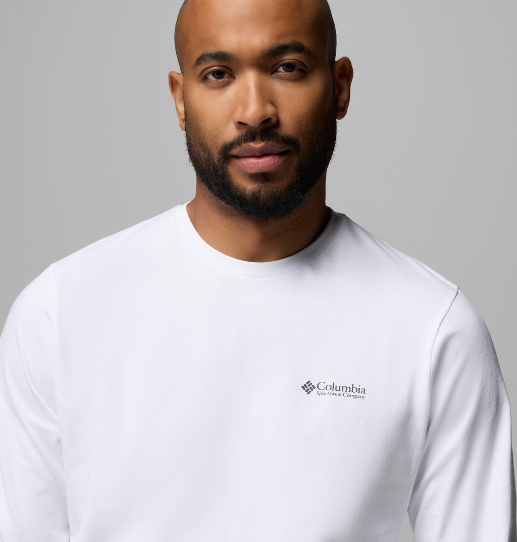 Men's white long sleeve t-shirt close-up with Columbia chest logo