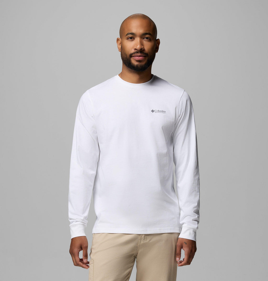 Men's white long sleeve t-shirt with small Columbia chest logo, crew neck