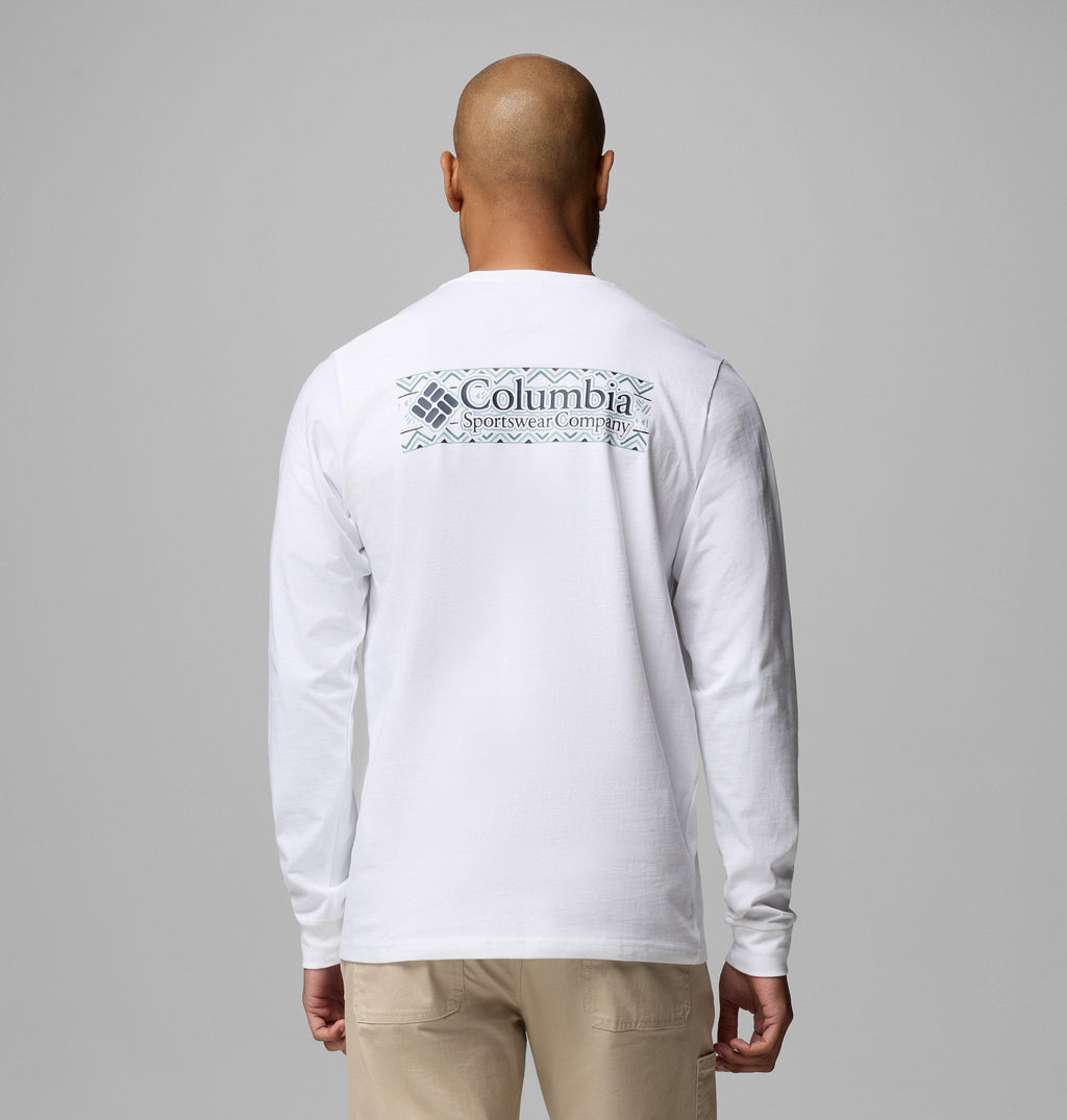 Men's white long sleeve t-shirt with Columbia back graphic and crew neckline