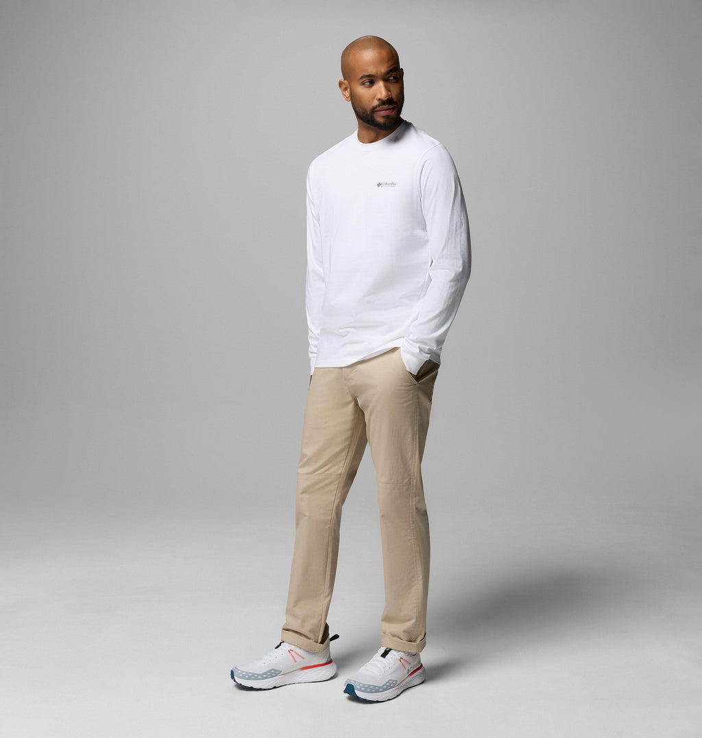 Men's white long sleeve t-shirt with left chest Columbia logo, side view