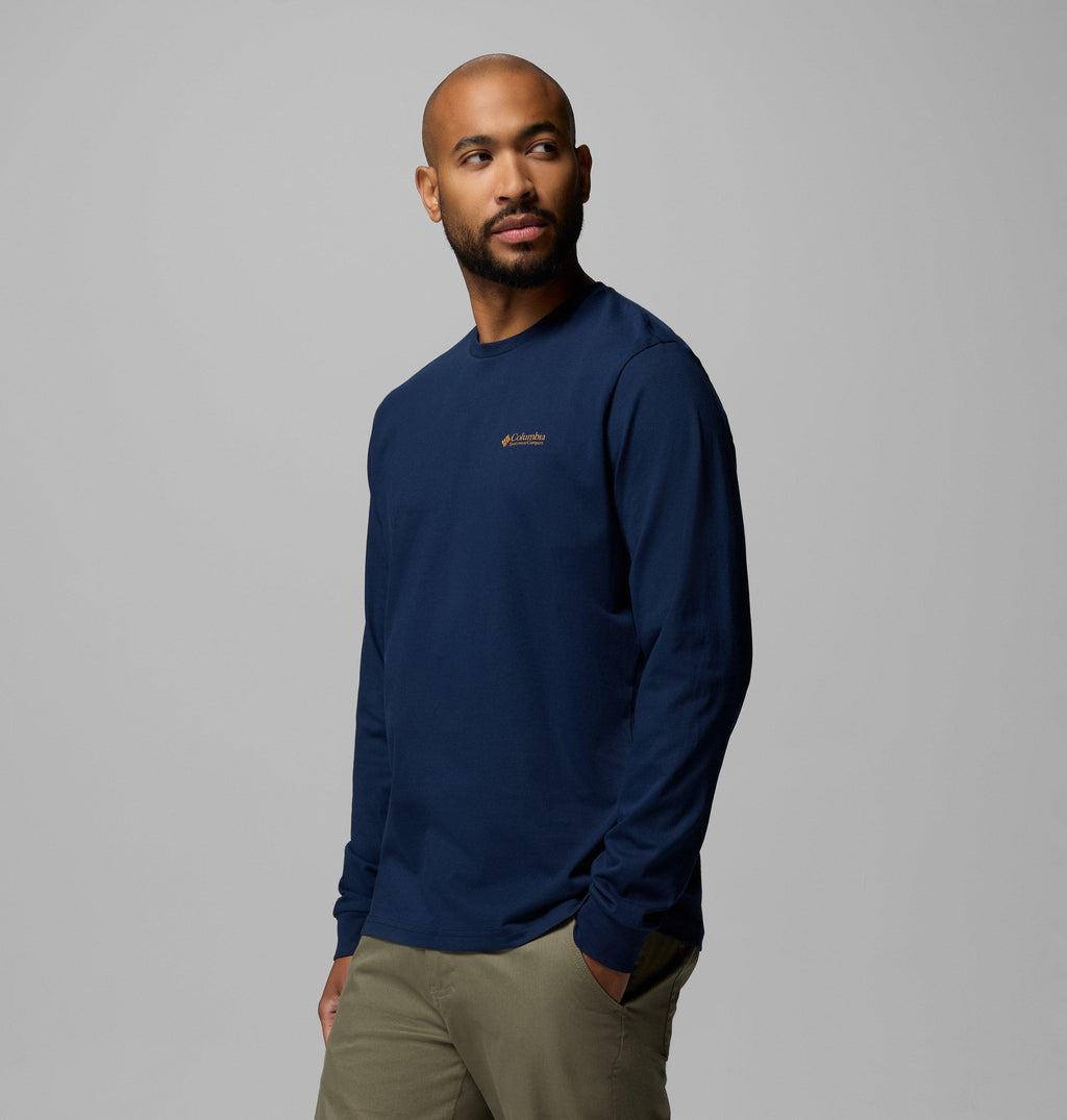 Men's navy long-sleeve t-shirt with small chest logo, crew neck.