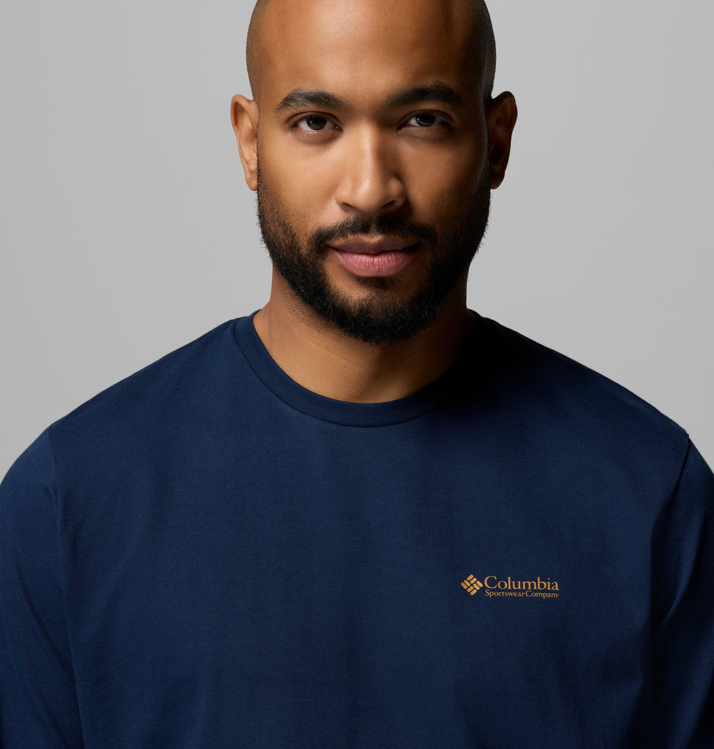 Men's navy long-sleeve t-shirt, small chest logo, crew neck detail.
