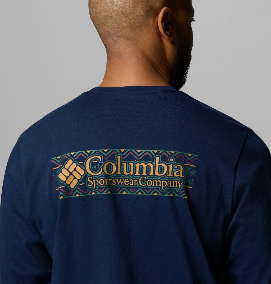 Men's navy long-sleeve t-shirt, back logo graphic with colorful stripes and text.