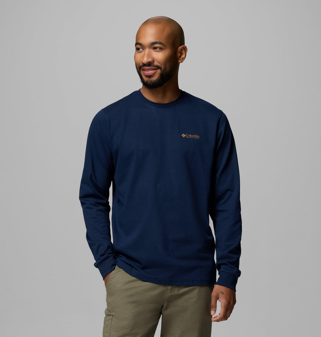 Men's navy long-sleeve t-shirt with small chest logo, crew neck.