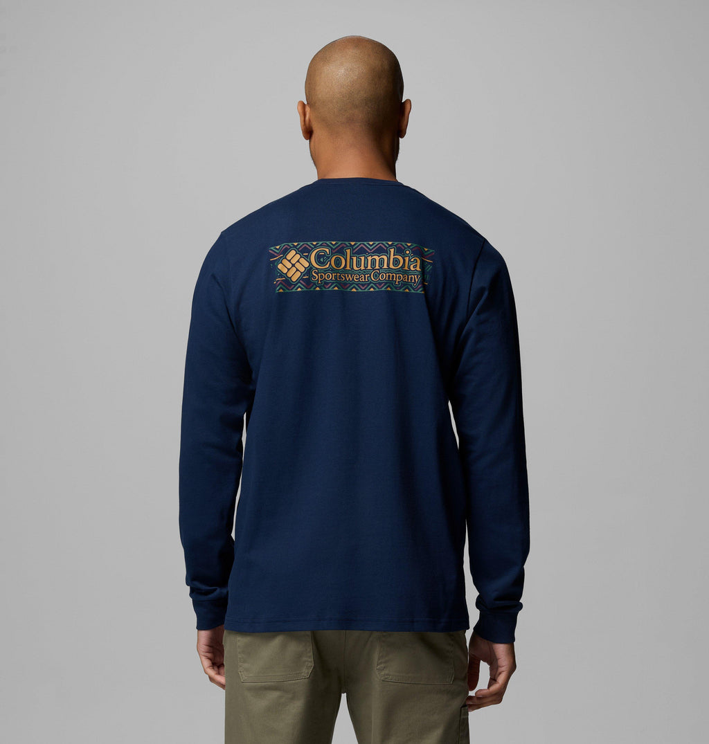 Men's navy long-sleeve t-shirt, crew neck, large back logo graphic.