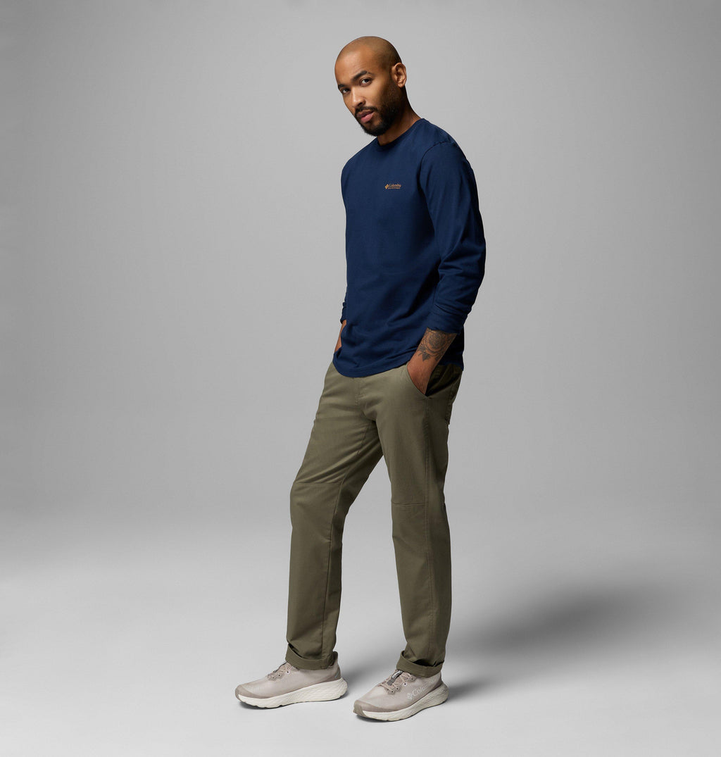 Men's navy long-sleeve t-shirt with small chest logo, long sleeves.