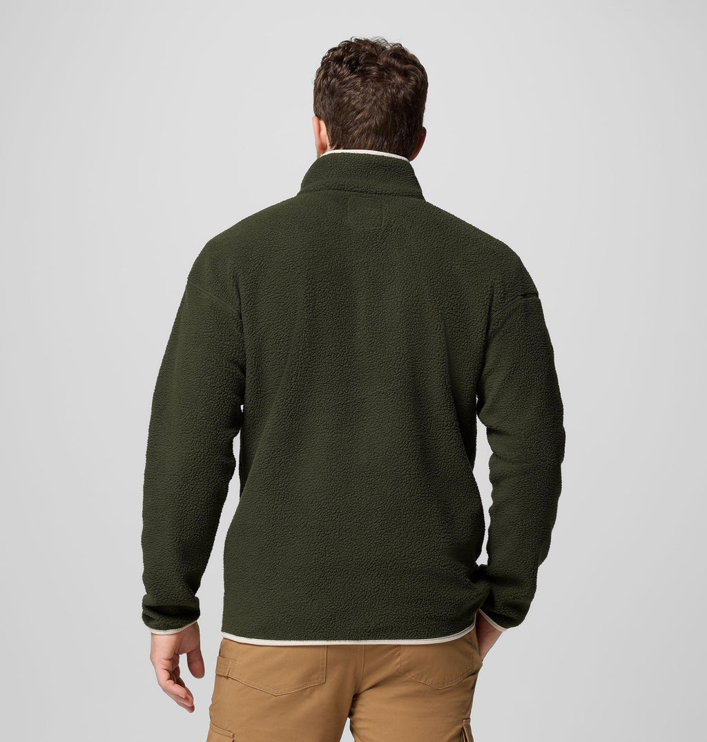 Men's dark green half-snap fleece pullover, back view with stand collar