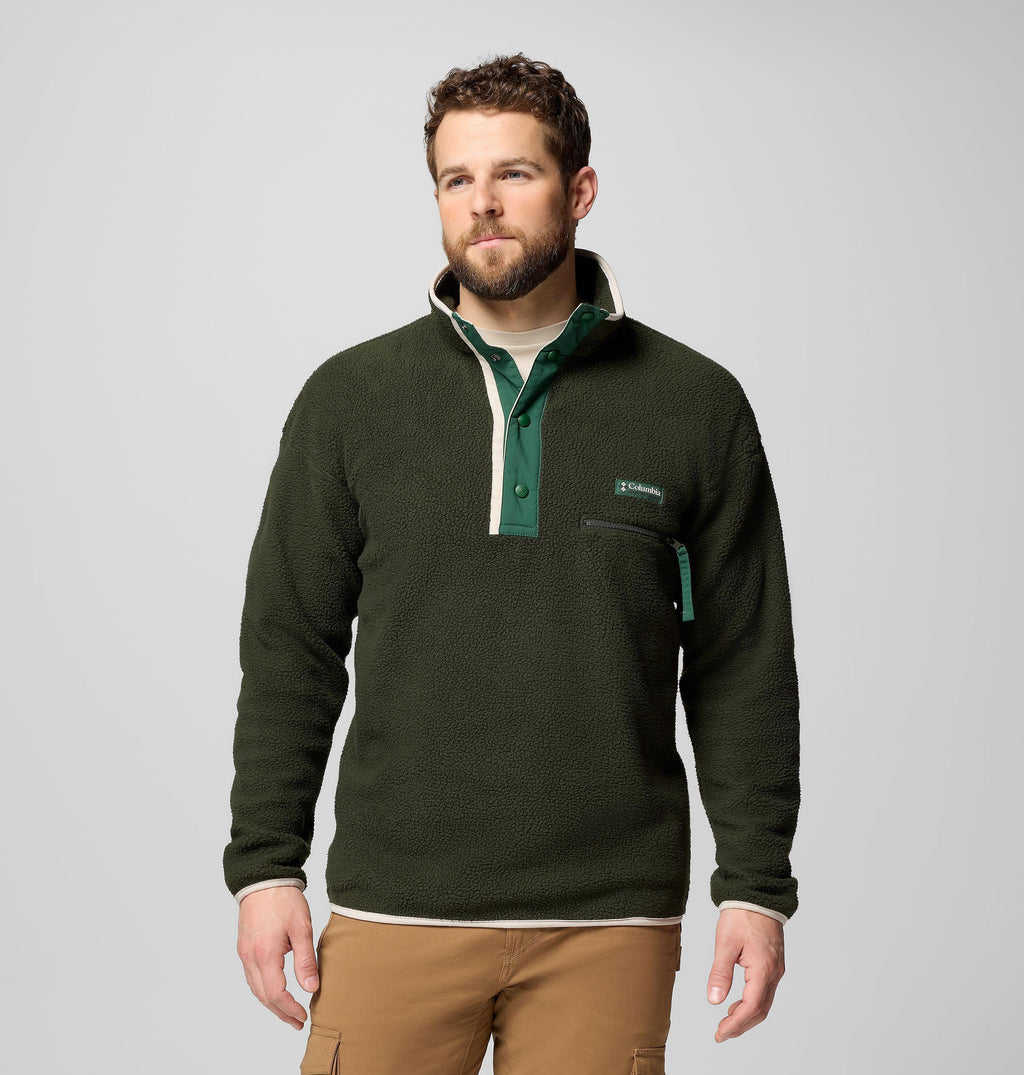 Men's dark green half-snap fleece pullover with stand collar and chest pocket