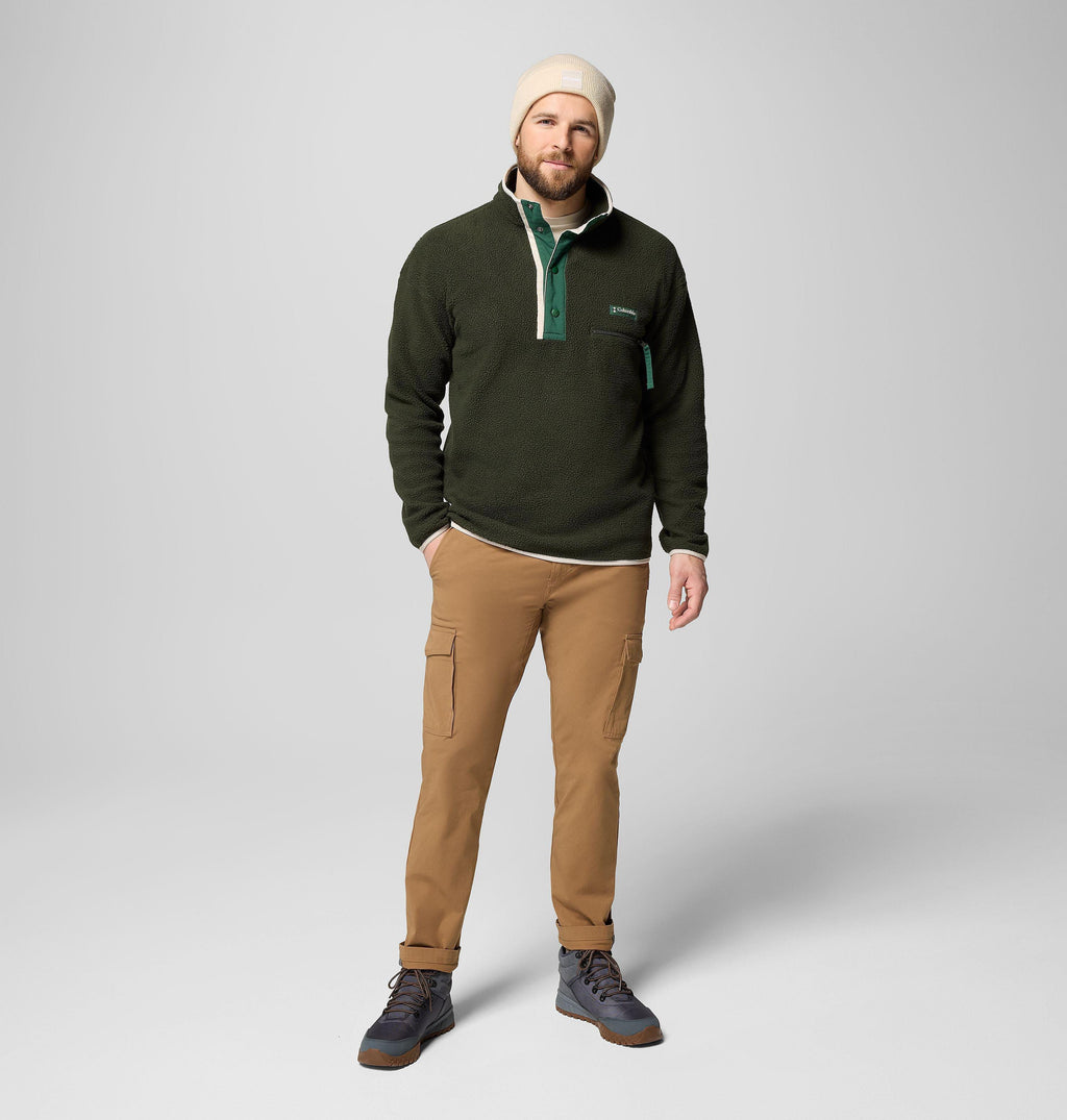 Men's dark green half-snap fleece pullover with stand collar and chest pocket