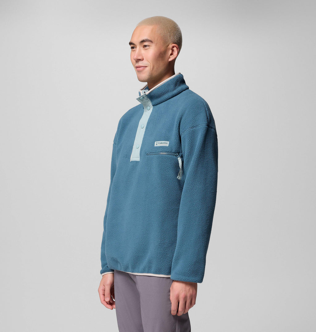 Men’s Everblue half-snap fleece pullover, side view, chest pocket detail