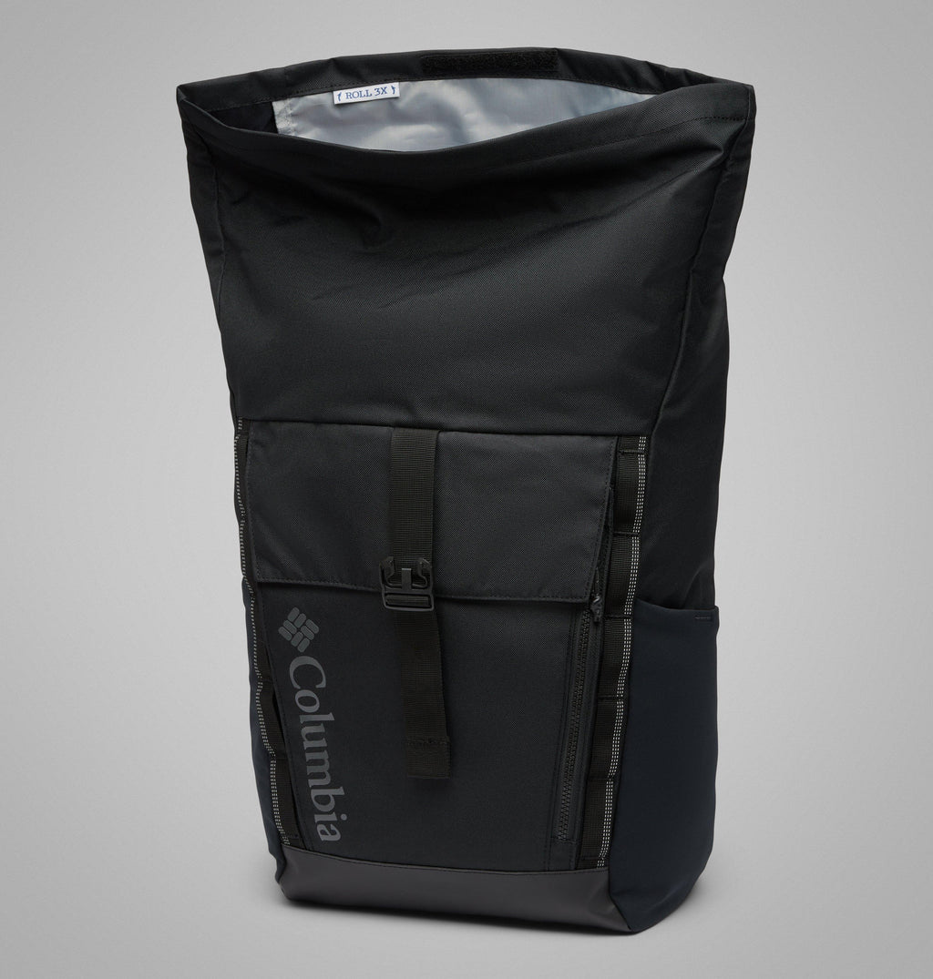 Black Columbia 27L roll-top backpack, front flap with vertical zip pocket