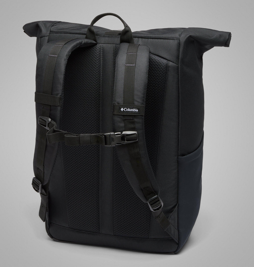 Black Columbia 27L backpack with padded back panel, adjustable shoulder straps