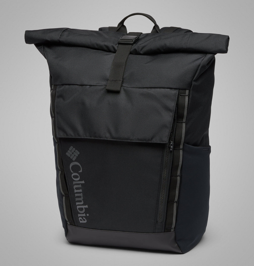 Black Columbia 27L roll-top backpack with front zip pocket and carry handle