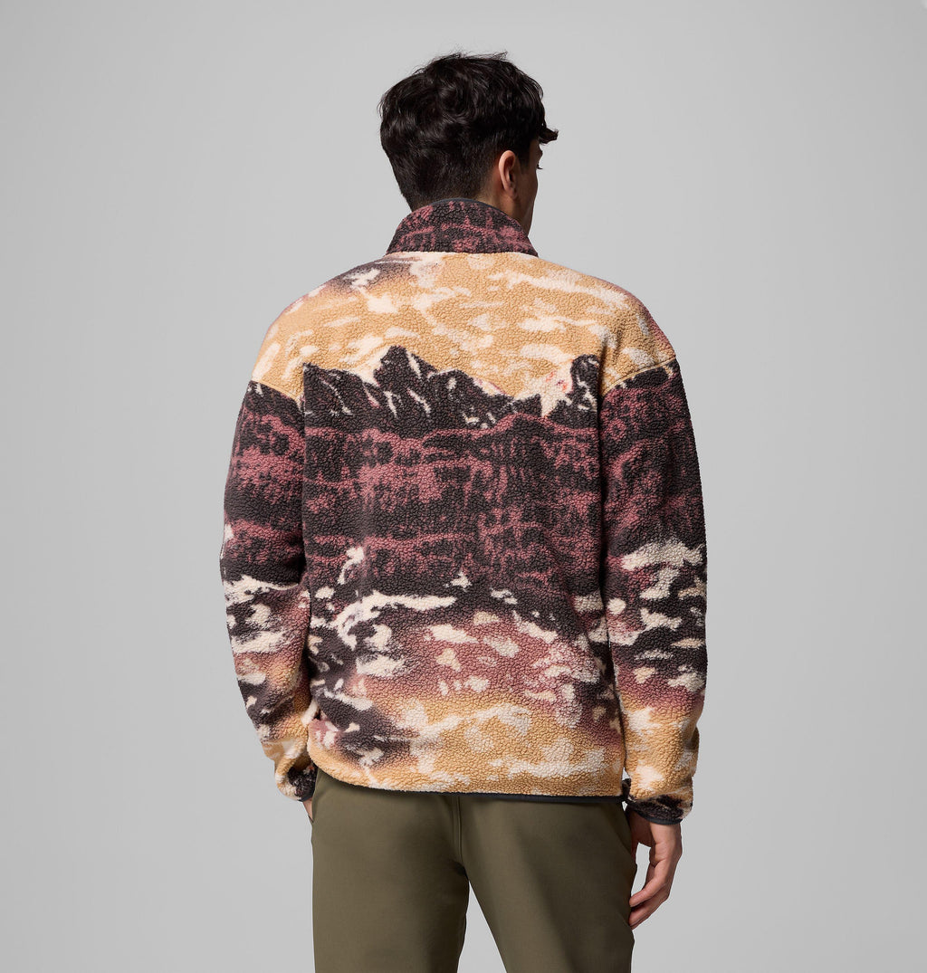 Men's fleece pullover, back view, all-over mountain and cloud landscape print in camel, plum and cream