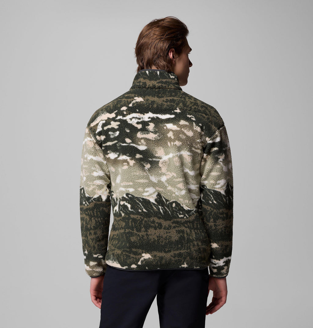 Men's fleece pullover, back view, all-over mountain and cloud landscape print in olive, khaki and cream
