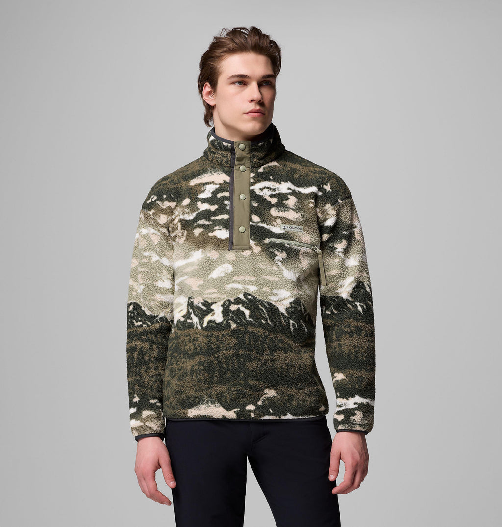 Men's khaki and olive fleece pullover with all-over mountain landscape print, half-snap placket and zip chest pocket