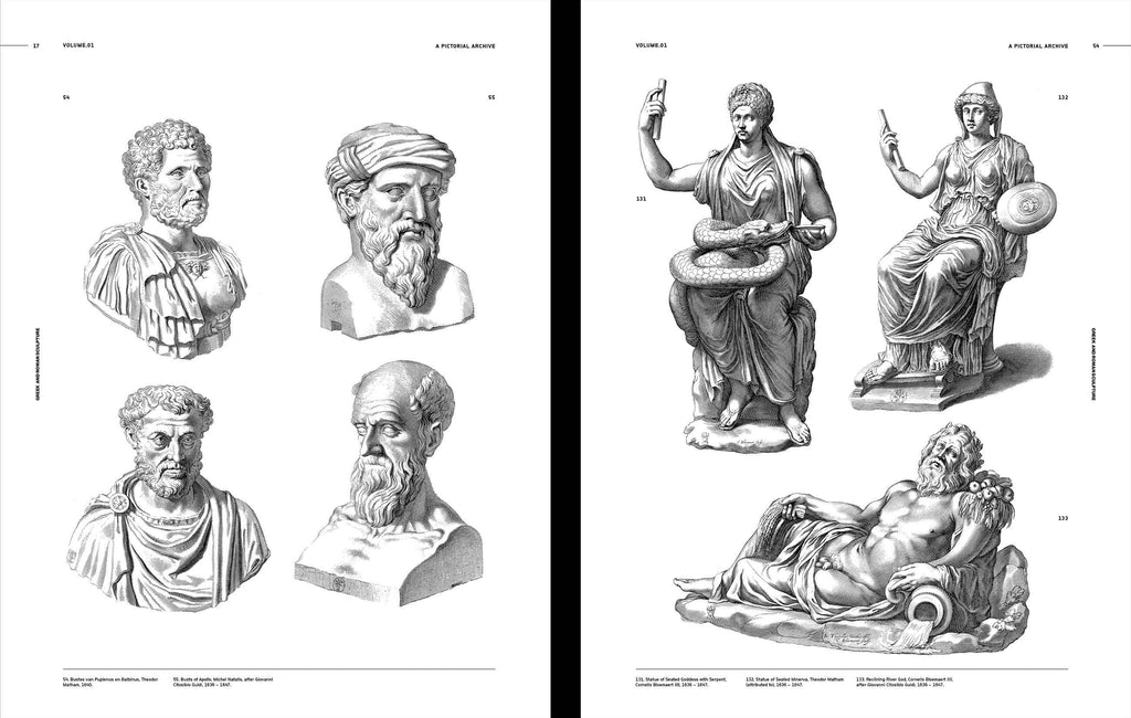 Open book spread with grayscale bust heads and classical figures posed in statues