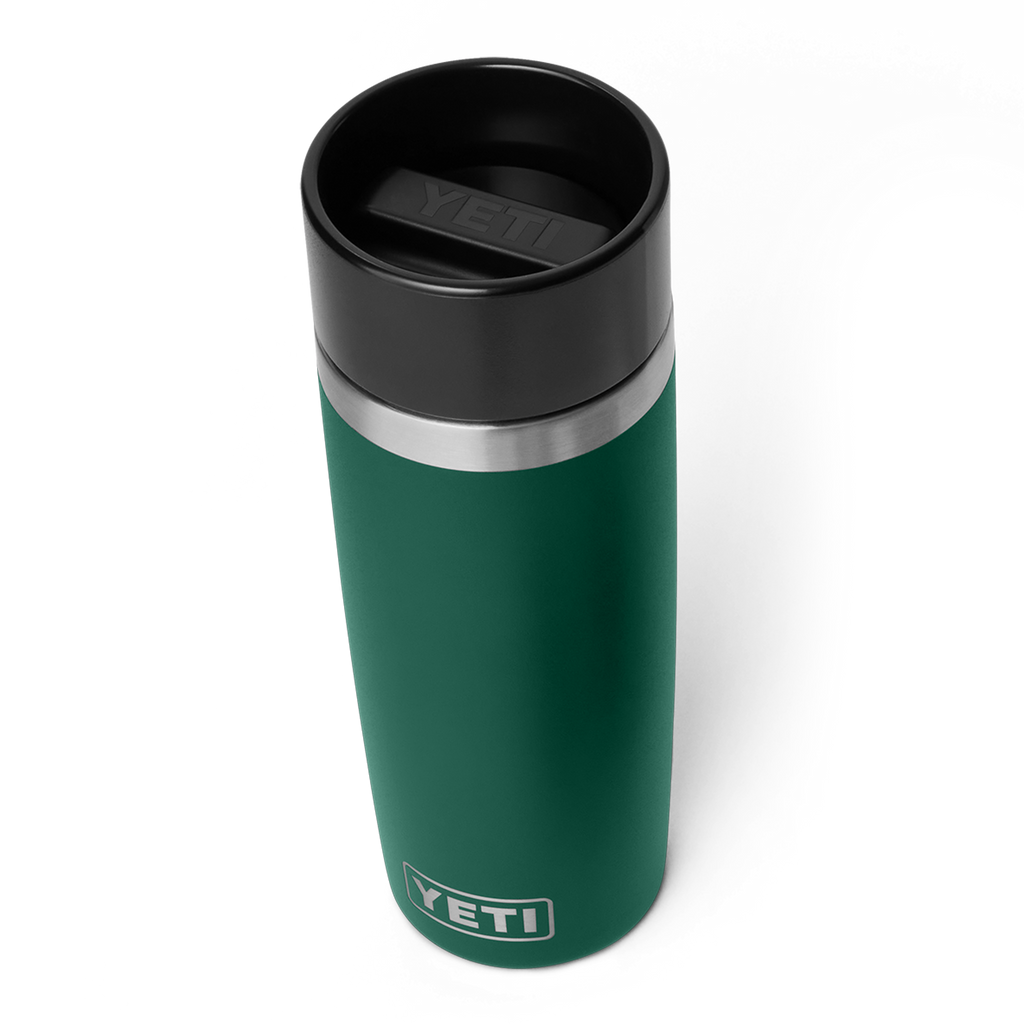 Rambler travel bottle with open black commuter cap, dark green insulated body
