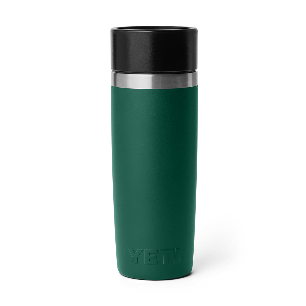Rambler travel bottle with black lid, dark green insulated steel body