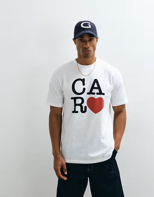 White crewneck T-shirt with CA R text and red heart graphic on chest