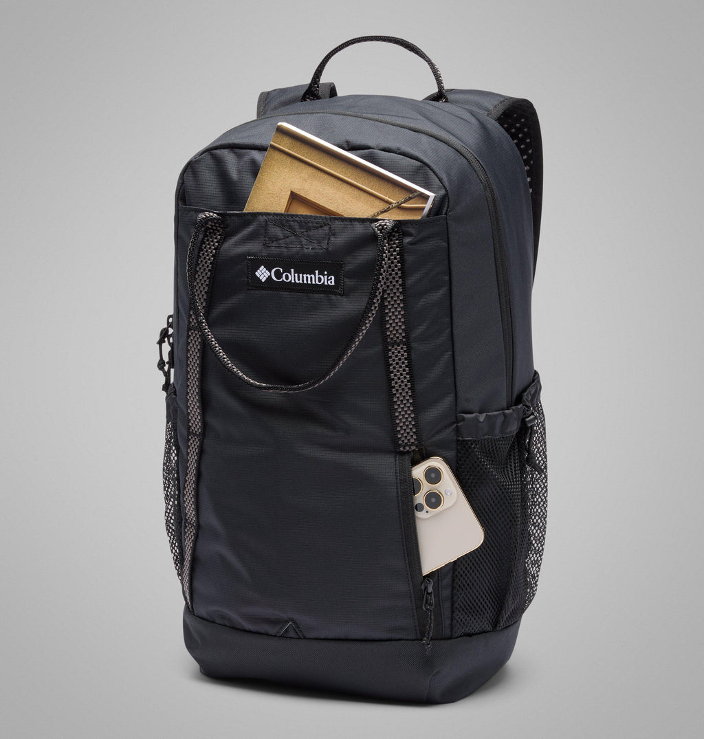 Black 25L backpack front close-up with zip pocket and phone in side mesh