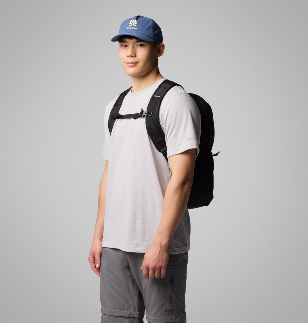 Black 25L hiking backpack with padded shoulder straps and top handle