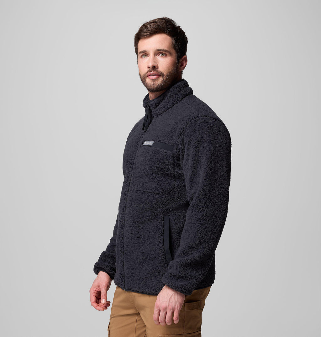 Men's black high-pile full-zip fleece jacket with stand collar, side pockets, and zipper.