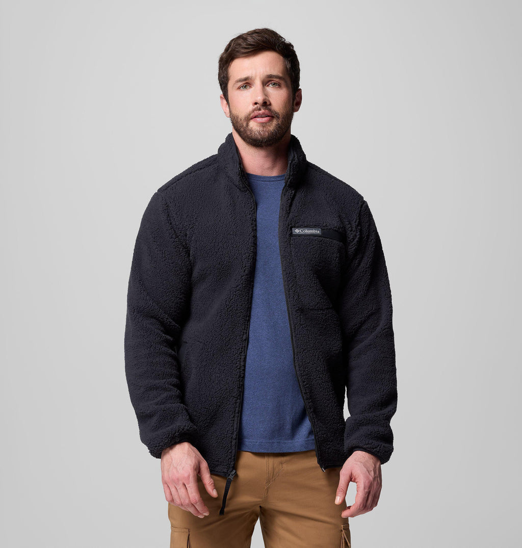 Men's high-pile full-zip fleece jacket in black, front view with chest pocket detail.