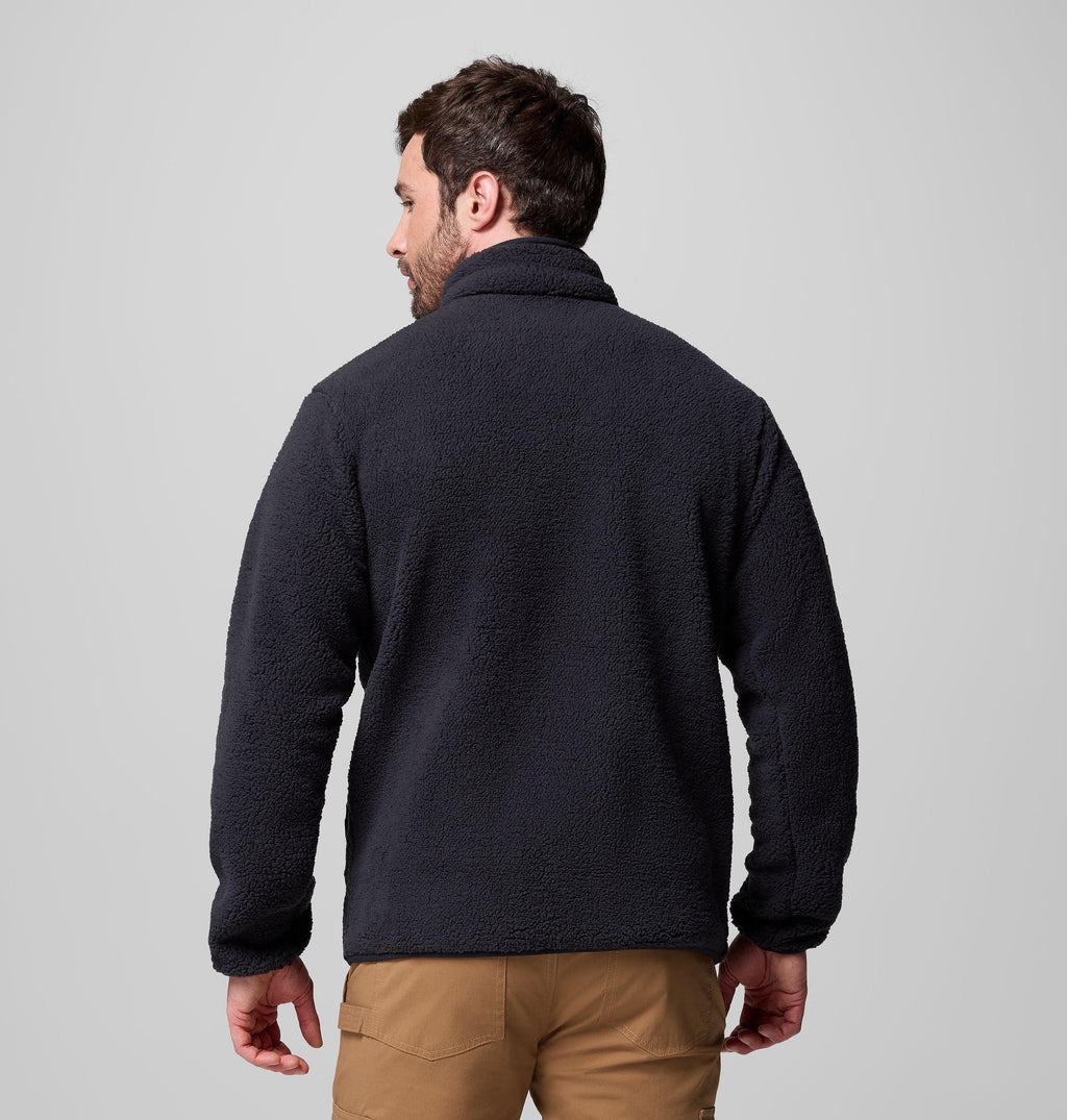 Men's high-pile full-zip fleece jacket, black back view with stand collar.