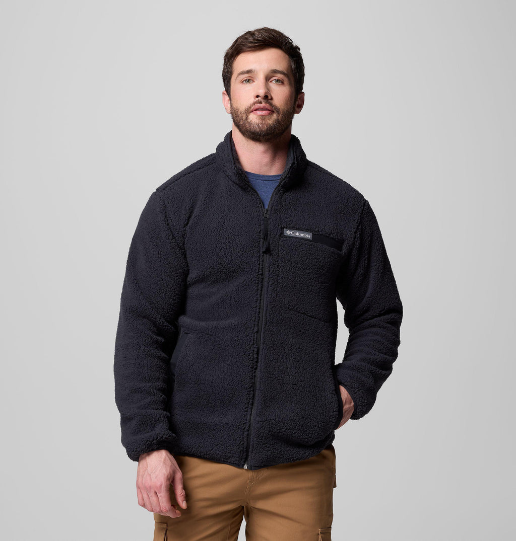 Men's high-pile full-zip fleece jacket in black, with stand collar and chest pocket.