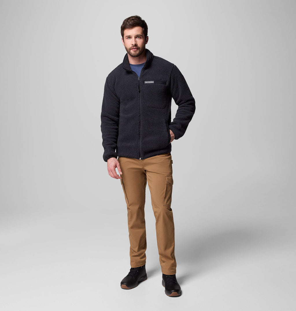 Men's high-pile full-zip fleece jacket in black with stand collar and front pockets.