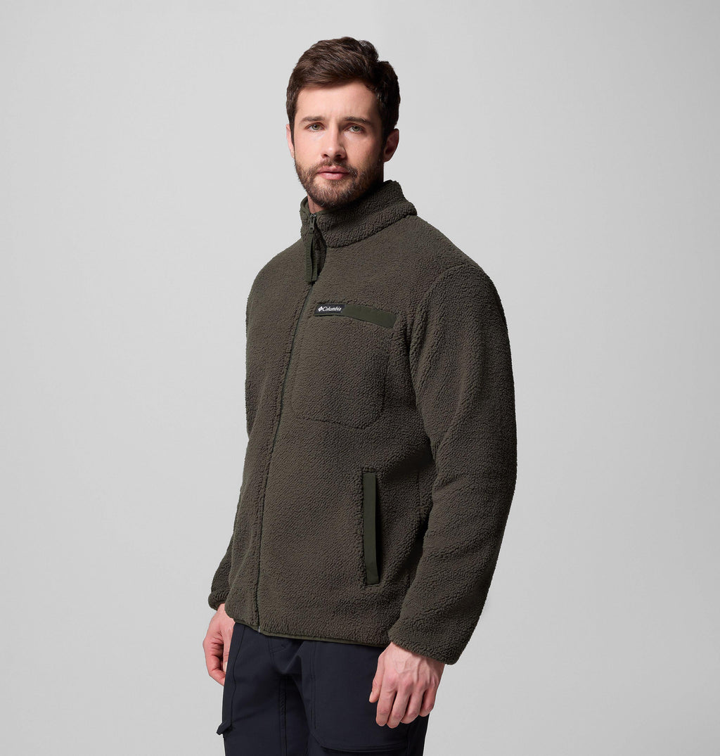 Columbia Rugged Ridge high-pile full-zip fleece jacket, dark olive, chest pocket detail