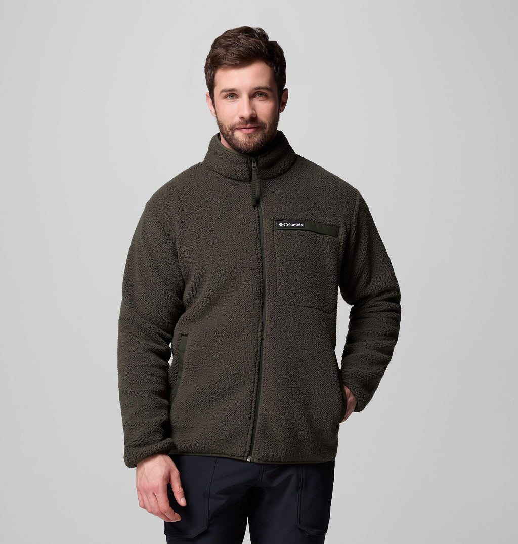 Columbia Rugged Ridge high-pile full-zip fleece jacket, dark olive, front view with pocket