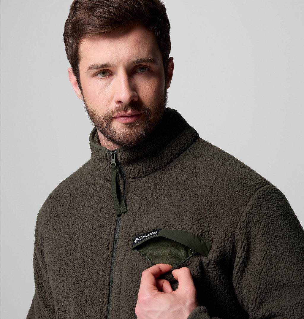 Columbia Rugged Ridge high-pile fleece jacket, dark olive, logo chest pocket close-up