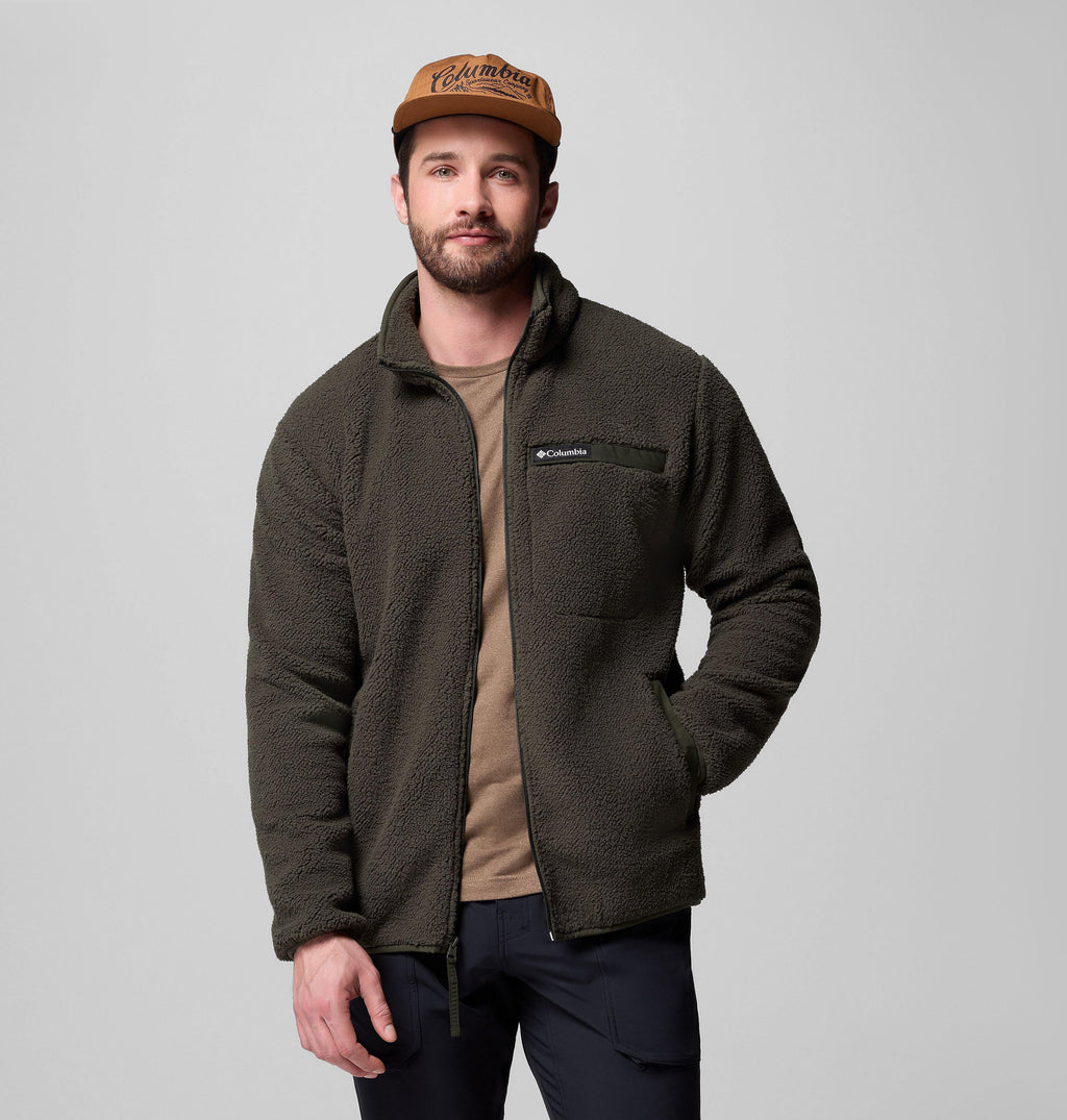 Columbia Rugged Ridge high-pile full-zip fleece jacket, dark olive, front view with stand collar