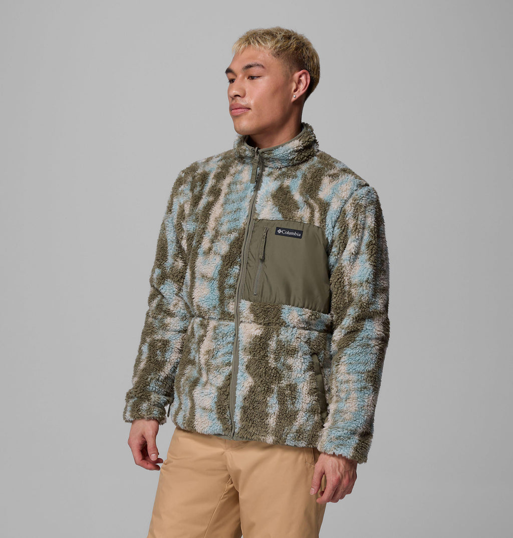 Reversible fleece jacket front view, blue-and-olive abstract print, full zip, chest patch