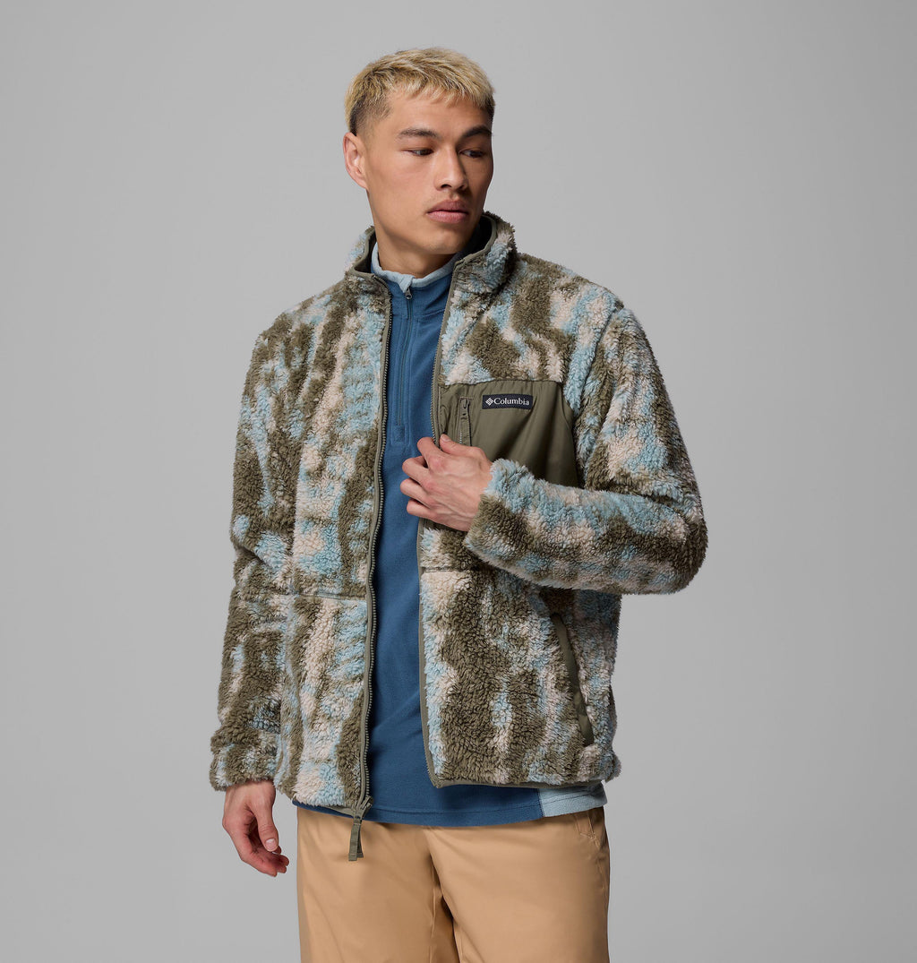 Reversible fleece jacket with blue-and-olive abstract print, full zip, hand pocket