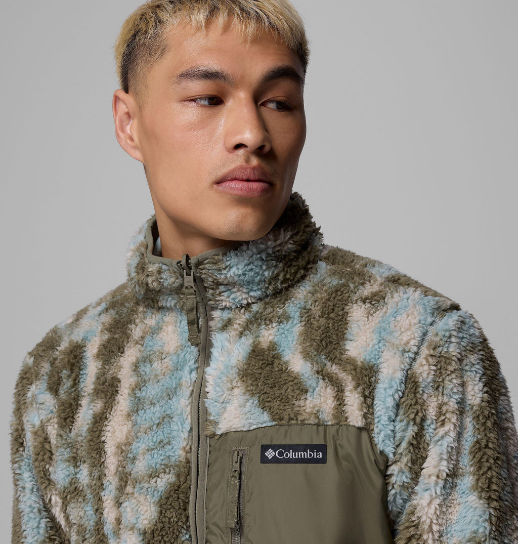 Reversible fleece jacket with high collar, blue-and-olive abstract print, full zip