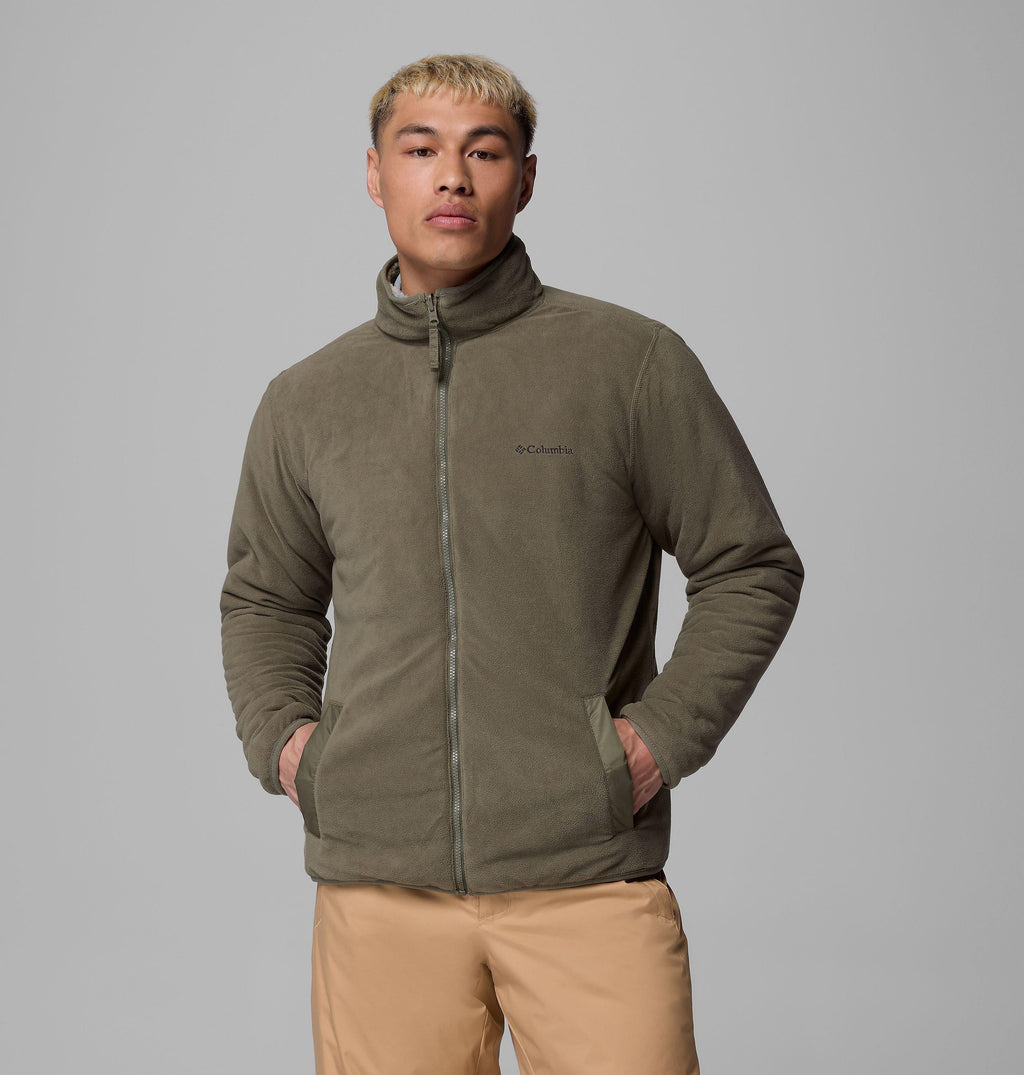 Reversible fleece jacket in olive green, full zip, high collar, small chest logo