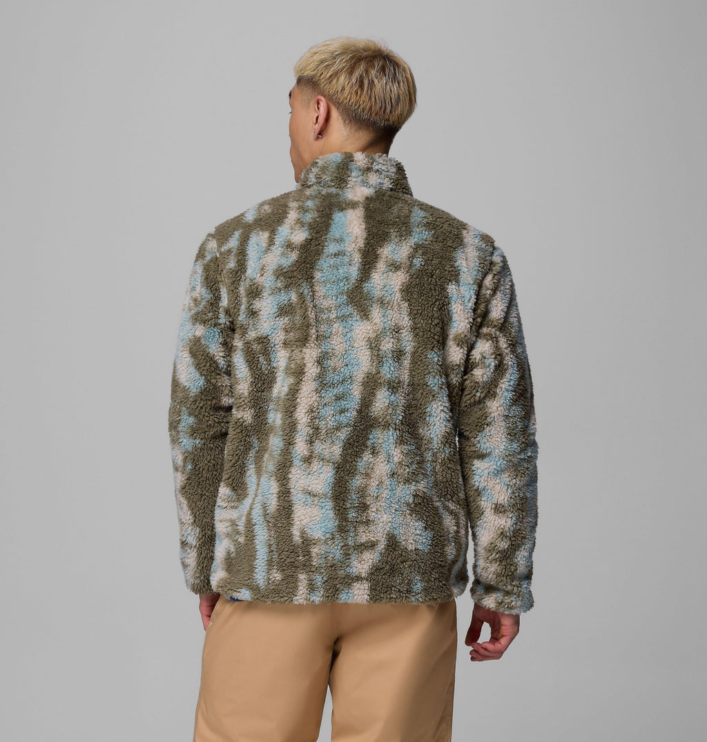 Reversible fleece jacket back view, blue-and-olive abstract print, full zip