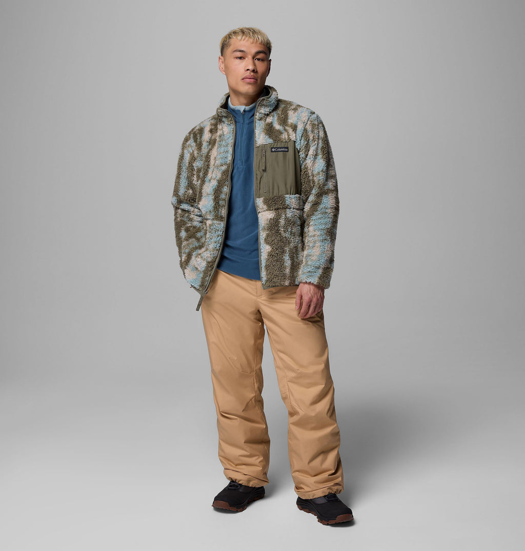 Reversible fleece jacket in blue-and-olive abstract print with full zip and two pockets