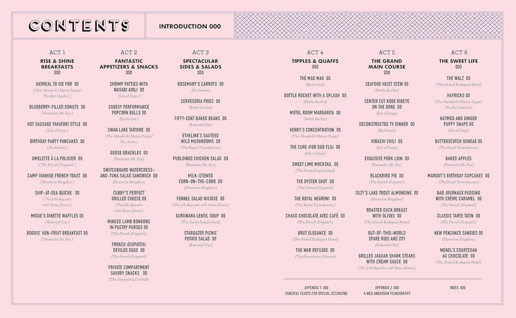 Cookbook contents page with section titles and numbered chapters in columns