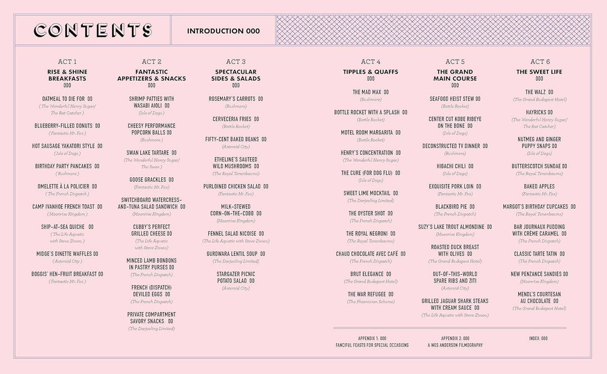 Cookbook contents page with section titles and numbered chapters in columns