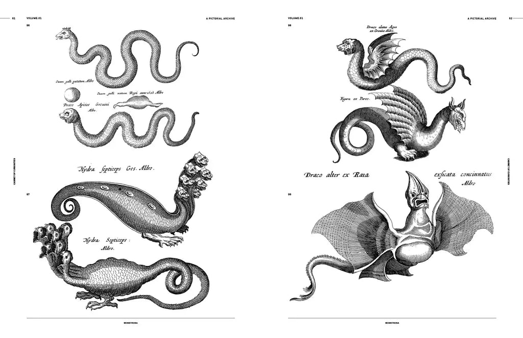 Open book spread with black-and-white engravings of serpents and a horned creature
