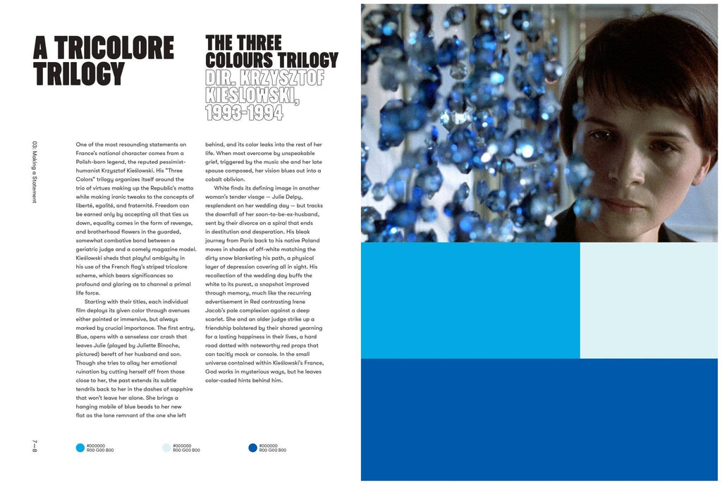Book spread titled 'A TRICOLORE RILOGY' with portrait, blue scene, and palette blocks
