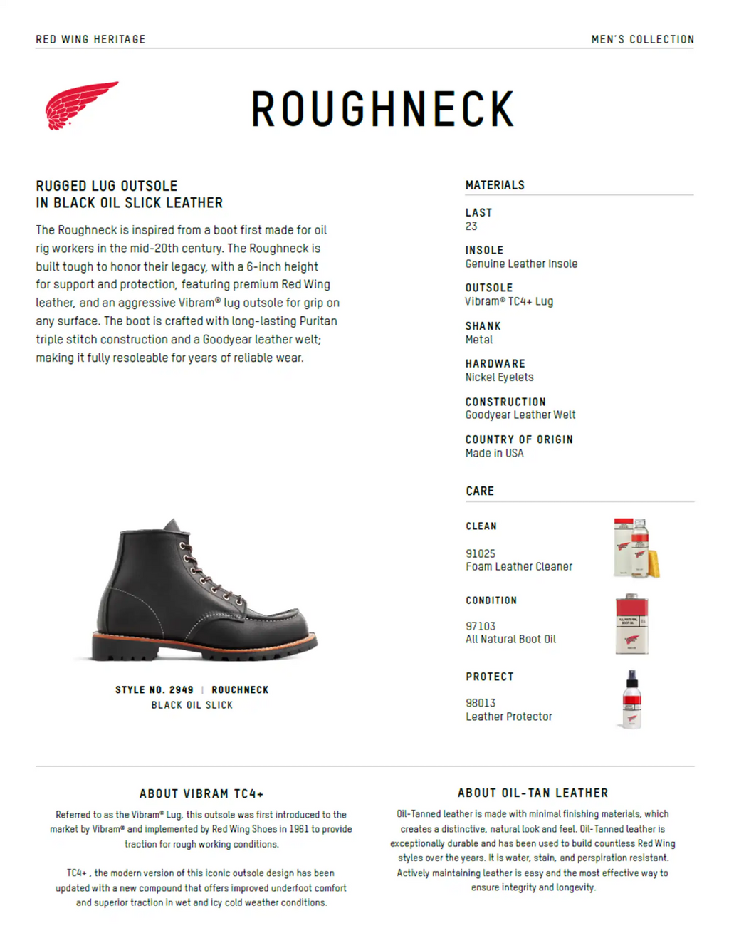 Roughneck product card featuring black oil-slick moc-toe boots, orange welt, and specifications.