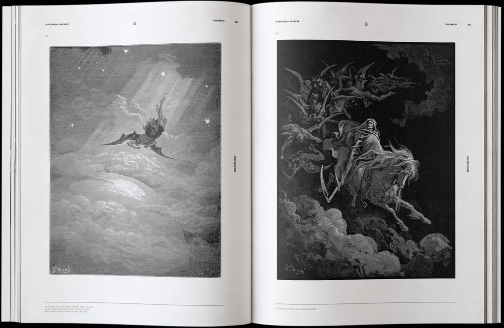 Open art book spread with two monochrome engravings of angels in clouds