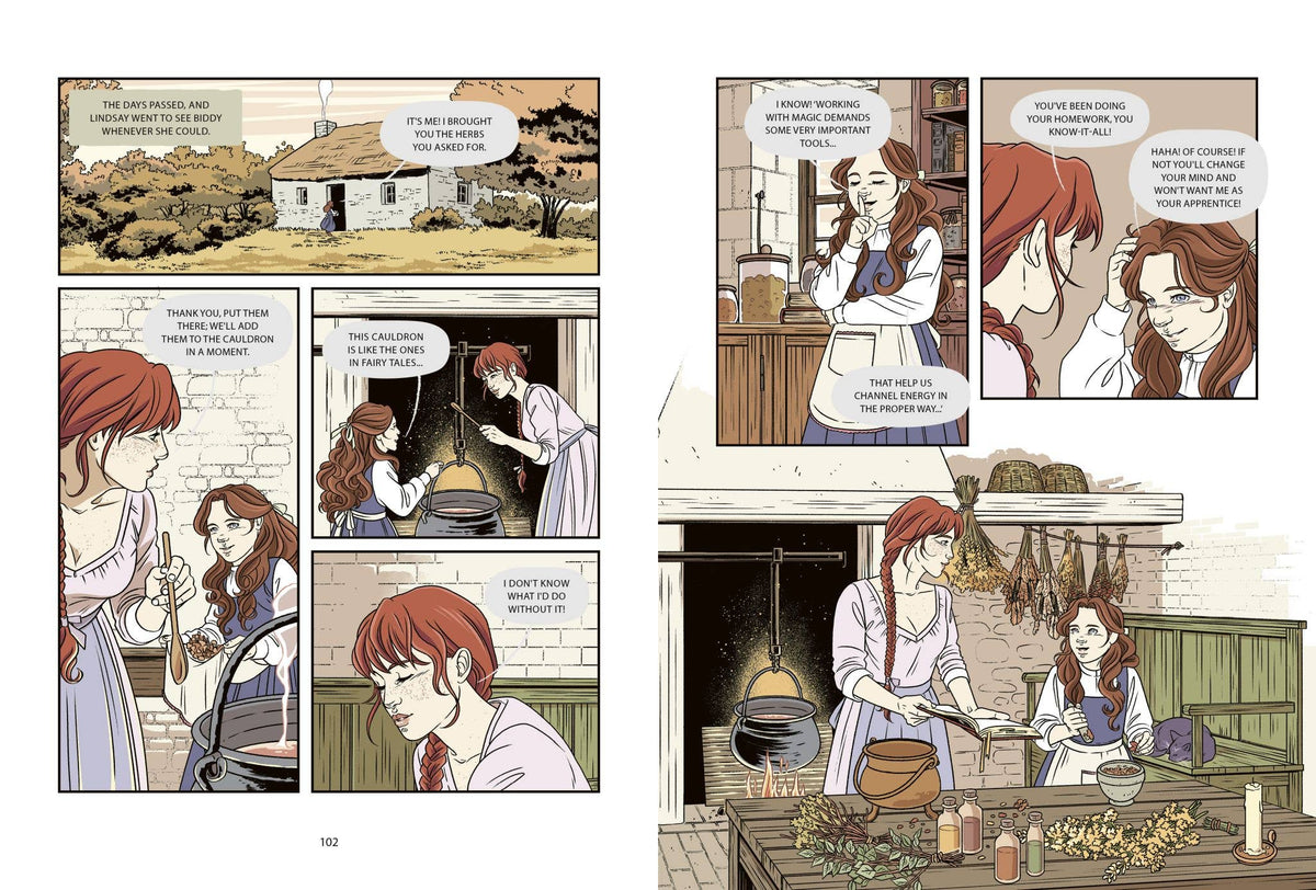 Open book spread with comic scenes of a witch preparing food at a table