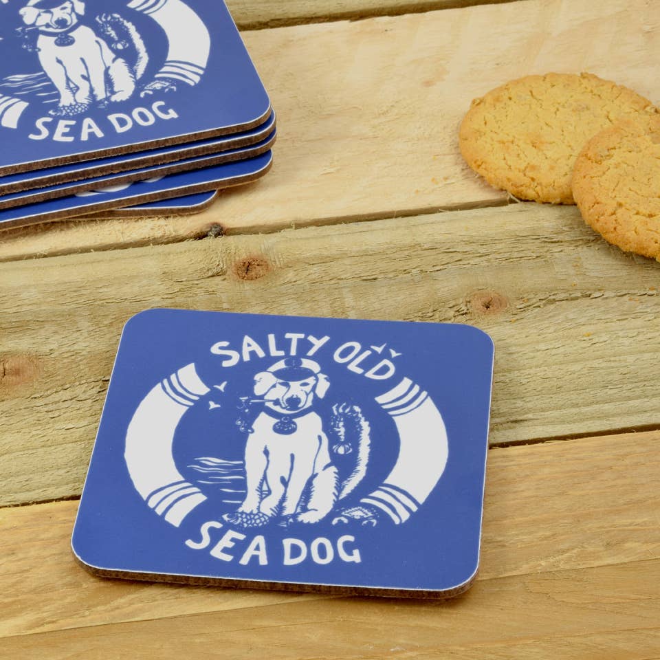 Blue square coaster with white sea dog graphic reading "Salty Old Sea Dog"